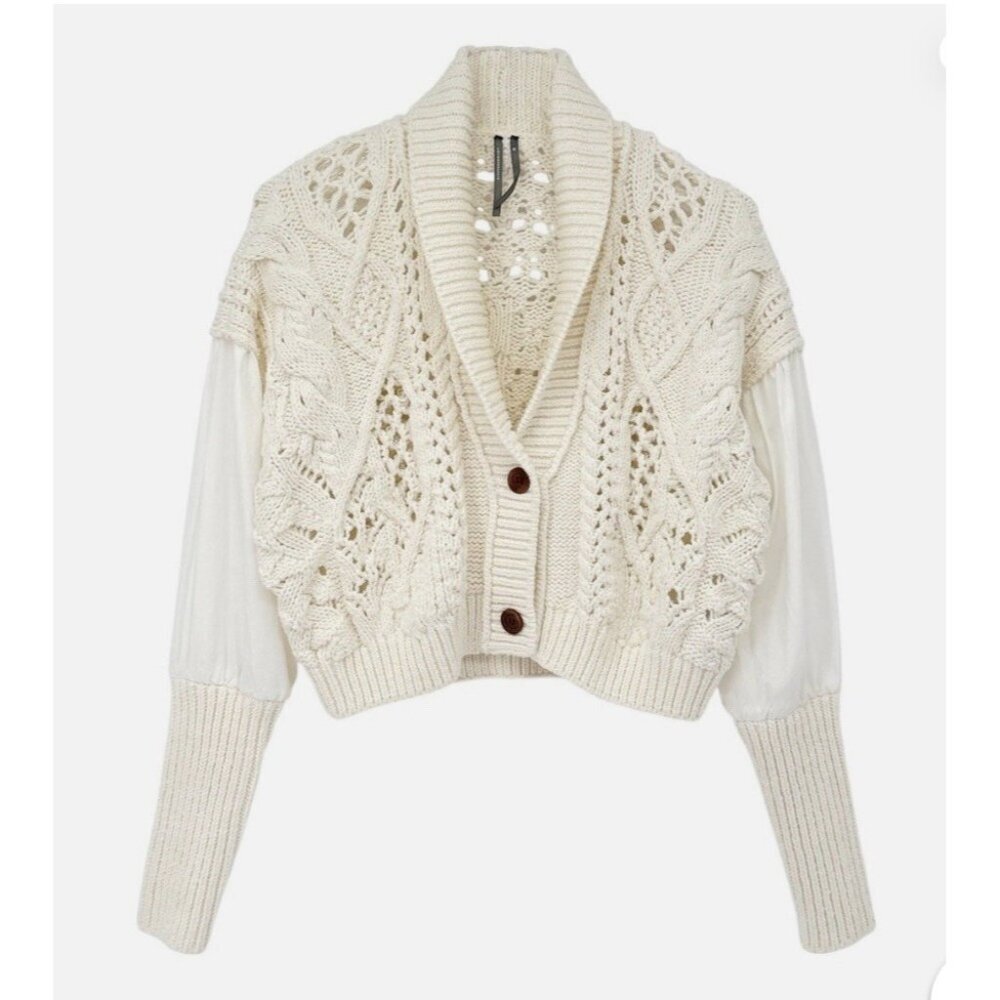 NWT Size L - Anthropologie Balloon-Sleeve Twofer Cable-Knit Cardigan Sweater
